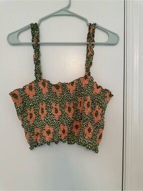 Olive Green & Peach Floral Smocked Crop Top - Women